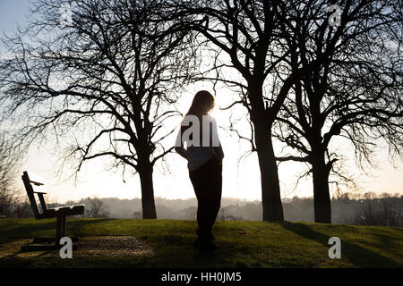 Silhouette d'une femme vue arrière d'un seul permanent par un banc dans un endroit calme avec un ciel clair et d'arbres. Banque D'Images