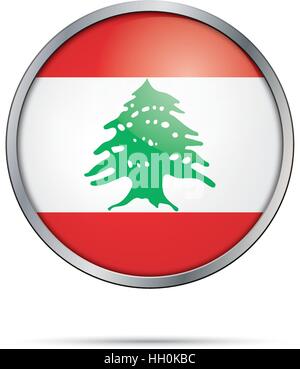 Bouton vecteur drapeau libanais. Liban drapeau dans le style de bouton en verre avec cadre en métal. Illustration de Vecteur