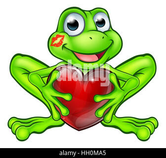 Conte de fée grenouille Cartoon mascot character holding forme de coeur avec un rouge à lèvres kiss marque sur son visage Banque D'Images