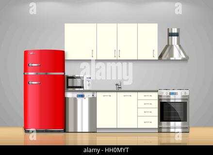 Cuisine et maison électroménager : four micro-ondes, réfrigérateur, cuisinière à gaz, lave-vaisselle, hotte, Illustration de Vecteur