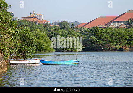 Deux pays, les bateaux de pêche ancrés dans le lac de mangrove dans Panjim, Goa Banque D'Images