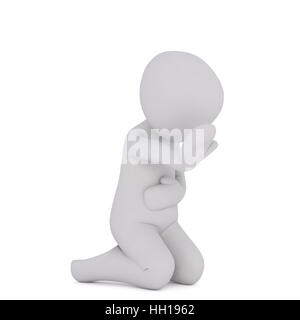 Personnage de l'homme sans visage sur le bas ventre et les genoux holding montrant arrêter le geste, 3D render isolated on white Banque D'Images