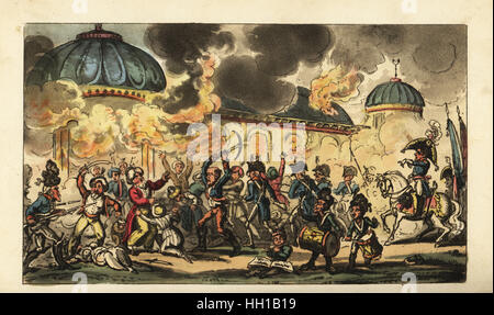 Napoléon Bonaparte la direction de l'incendie de la grande mosquée et d'autres mosquées pour réprimer le soulèvement du Caire au cours de la campagne d'Égypte, 1798. La gravure sur cuivre coloriée par George Cruikshank à partir de la vie de Napoléon une Hudibrastic Poème de médecin de la syntaxe, T. Tegg, Londres, 1815. Banque D'Images