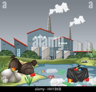 Scène avec factory et la pollution de l'eau illustration Illustration de Vecteur