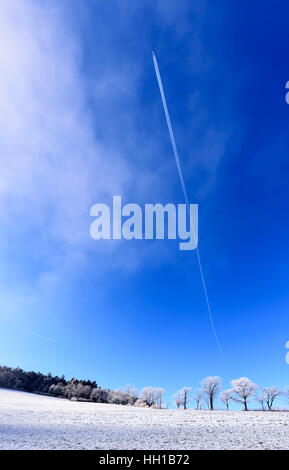 Image paysage d'hiver de couleur avec des champs et d'arbres, givre, ciel bleu avec des nuages et un avion de départ avec les traînées de prises sous le soleil d'une journée claire Banque D'Images