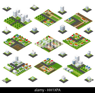 Kit d'une grande métropole 3D de gratte-ciel, des maisons, des jardins et des rues dans une vue isométrique en trois dimensions Banque D'Images