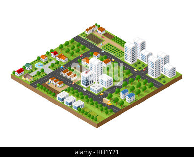 3D isométrique paysage ville de gratte-ciel, des maisons, des jardins et des rues dans une vue supérieure à trois dimensions Banque D'Images