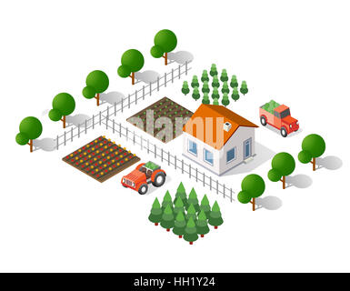 3D isométrique d'éléments du paysage rural définir une vue en plan d'un tracteur et de tree house Banque D'Images