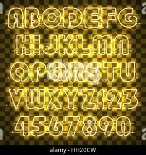 Jaune bleu éclatant avec des lettres de l'alphabet de A à Z et les chiffres de 0 à 9. Effet néon lumineux. Chaque lettre est une unité distincte avec des câbles, tubes et Illustration de Vecteur
