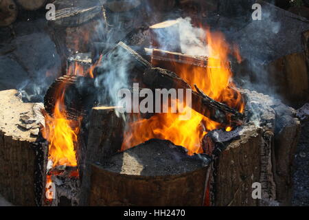 Flammes de bois brûlant dans une fosse de feu Banque D'Images