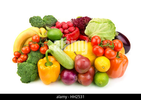 Ensemble de fruits et légumes frais isolé sur fond blanc Banque D'Images