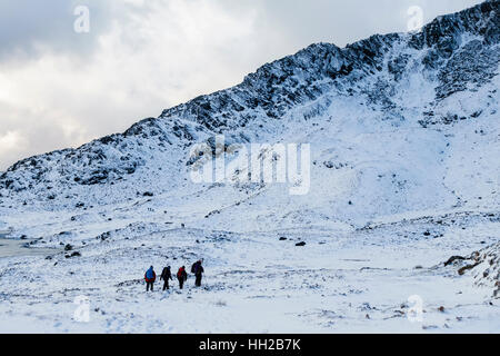 Les randonneurs randonnée dans la neige en mcg y Foel ci-dessous Moel Siabod Daear Ddu east ridge en Snowdonia. Capel Curig, Conwy, Pays de Galles, Royaume-Uni, Angleterre Banque D'Images