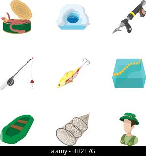 Icônes de la pêche à la ligne, jeu de style cartoon Illustration de Vecteur