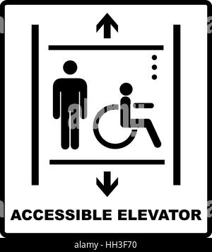 Ascenseur pour personnes à mobilité réduite, l'icône, signer, vector illustration. Symbole vecteur en fauteuil roulant. Ascenseur accessible aux invalides. Bannière de vecteur pour les lieux publics. Black Illustration de Vecteur