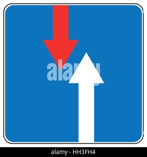 La priorité sur les véhicules venant en sens inverse traffic sign isolé sur bleu. La route, vecteur symbole rouge et blanc des flèches. Vector illustration Illustration de Vecteur