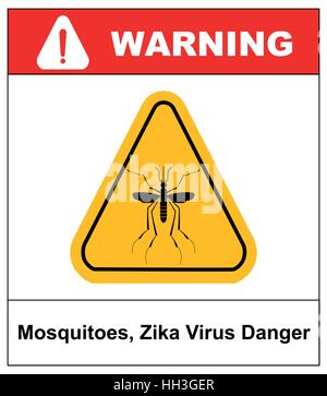 Danger virus Zika, les moustiques vecteurs, symbole de l'étiquette autocollant en triangle jaune isolé sur blanc. Bannière d'avertissement Illustration de Vecteur