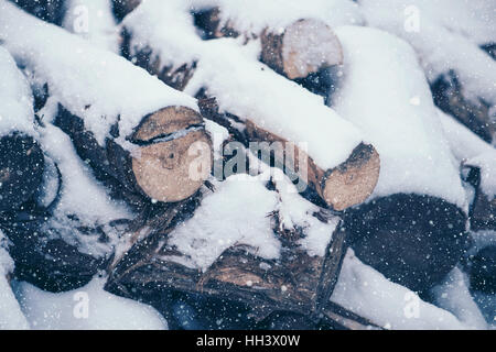 Tas de bois coupé du bois aux termes de la neige blanc hiver Banque D'Images