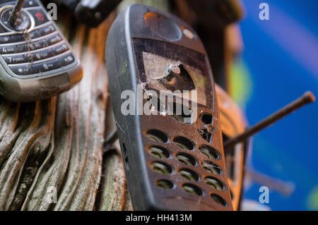 Anciens téléphones portables cassés clouée à l'arbre Banque D'Images