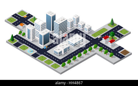 3D isométrique cityscape vue sur le haut de la maison et les arbres de rue Banque D'Images