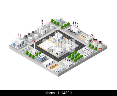 La vue perspective du paysage d'objets industriels des usines, des manufactures, des stationnements et des entrepôts. Vue de dessus isométrique avec des rues de la ville, Banque D'Images