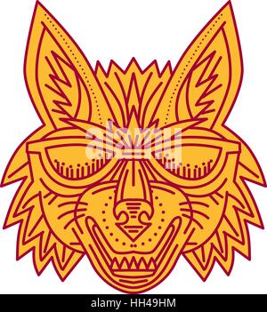 Style ligne mono illustration d'une tête de loup coyote souriant portant des lunettes de vue de l'avant ensemble isolées sur fond blanc. Illustration de Vecteur