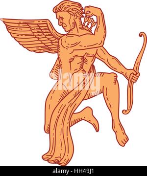 Illustration de style ligne mono cupid Angel holding bow flèche dessin de l'arrière à côté de la vue de l'avant ensemble sur zone blanche isolée Illustration de Vecteur