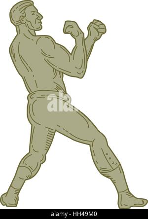 Style ligne mono illustration d'un boxer dans une position de combat posent depuis le côté isolé sur fond blanc. Illustration de Vecteur