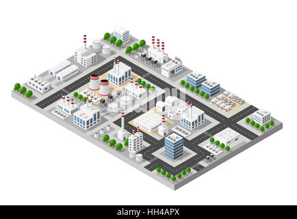 La vue perspective du paysage d'objets industriels des usines, des manufactures, des stationnements et des entrepôts. Vue de dessus isométrique avec des rues de la ville, Banque D'Images