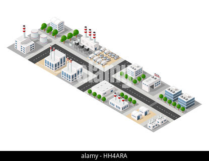 La vue perspective du paysage d'objets industriels des usines, des manufactures, des stationnements et des entrepôts. Vue de dessus isométrique avec des rues de la ville, Banque D'Images