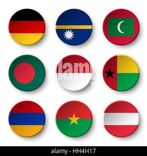 Ensemble de drapeaux du monde badges ronds ( Allemagne . Nauru . Maldives . Le Bangladesh . L'Indonésie . La Guinée-Bissau . L'Arménie . Le Burkina Faso . L'Autriche ) Banque D'Images