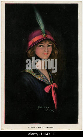 WW1 - Lonely et Longing - Smart girl dans joli bonnet rose Banque D'Images