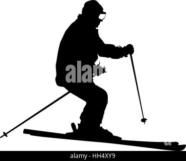 Excès de skieur de montagne vers le bas de la pente. Le sport vecteur silhouette Illustration de Vecteur