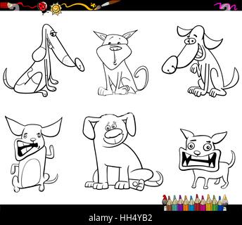 Cartoon noir et blanc Illustration de l'ensemble des caractères des animaux Chiens Coloriages Illustration de Vecteur