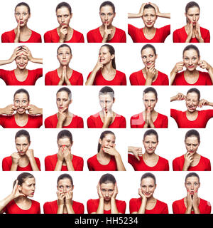 Mosaïque de femme avec des taches de rousseur exprimant des émotions différentes expressions. La femme avec t-shirt avec 16 différentes émotions. Banque D'Images