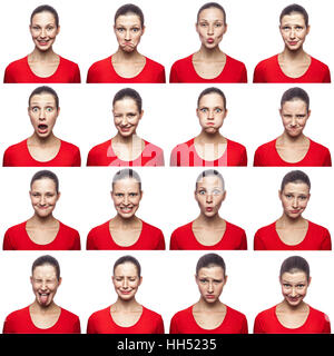 Mosaïque de femme avec des taches de rousseur exprimant des émotions différentes expressions. La femme avec t-shirt avec 16 différentes émotions. Banque D'Images