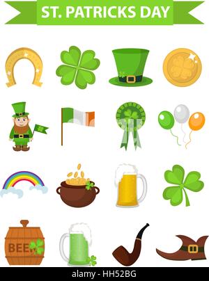 St Patrick Day icon set élément design. Les symboles irlandais traditionnel dans une télévision moderne style. Isolé sur fond blanc. Illustration vectorielle, clip art. Illustration de Vecteur