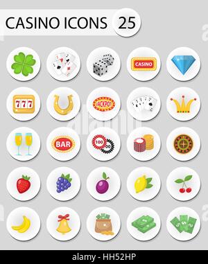 Icônes, autocollants Casino style plat. Jeu de hasard isolé sur un fond blanc. Poker, jeux de cartes, bandit manchot, roulette collection. Vector illustration. Illustration de Vecteur
