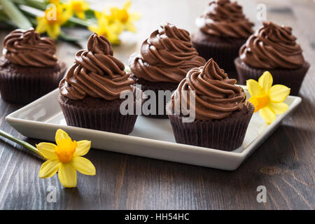 De délicieux petits gâteaux au chocolat pour la fête des mères avec des fleurs de printemps Banque D'Images