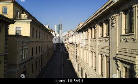 Via Solferino Milan, vue du dessus, Unicredit Tower, siège du Corriere della Sera et UBI Banca, le 8 janvier 2017. Italie Banque D'Images