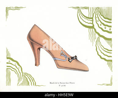 La conception de chaussures de femme en cuir rose saumon avec boucle à partir de la Maison Jean Peraro dans l'art abstrait deco border. Chromolithographie de Andre Camy's La chaussure d'art, l'Art de la chaussure, août-septembre, Paris, 1930. Banque D'Images