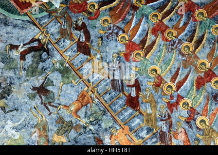 Le monastère Sucevita est un monastère orthodoxe roumain situé dans le comté de Suceava, la Moldavie, la Bucovine, Roumanie. Le monastère fut construit en 1585. C'est l'un des huit monastères dans le Nord de la Moldavie avec des fresques peintes sur les murs extérieurs. La cour intérieure de l'ensemble monastique est presque carré et est entouré par de hauts (6 m), large (3 m) des murs. Il y a plusieurs autres structures défensives dans l'ensemble, y compris quatre tours (un dans chaque coin). Sucevița est une résidence princière ainsi qu'un monastère fortifié. Fresque de jugement dernier. Banque D'Images