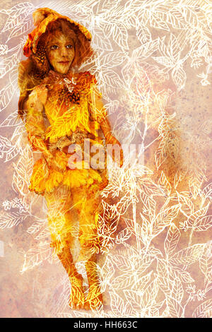 Soleil jaune vif marionnettes nain figure sur fond ornemental abstrait. Banque D'Images