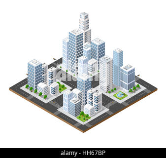 Perspective isométrique ville avec des rues, des maisons, des gratte-ciel, des parcs et des arbres Banque D'Images