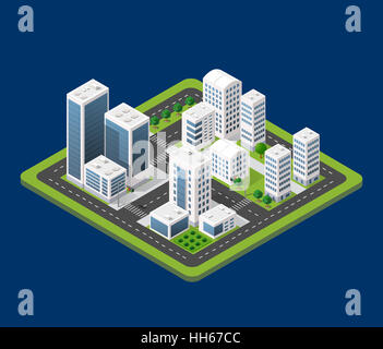Télévision 3D isométrique ville urbain infographie concept. Carte du centre ville avec des bâtiments, des boutiques et des routes sur l'avion. Banque D'Images