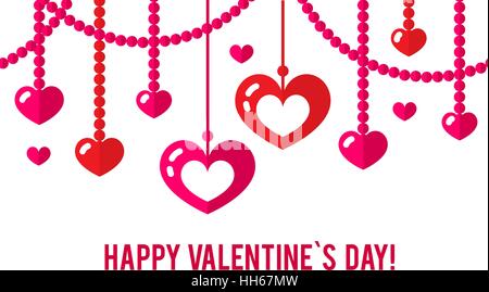 Happy valentines day card avec red appartement coeur guirlande transparente isolé sur fond blanc. Illustration de Vecteur