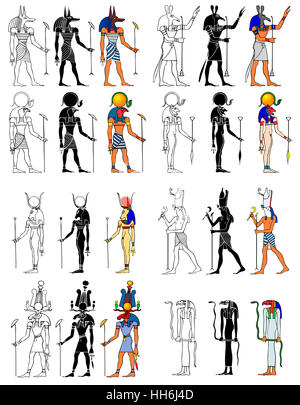 Dieux et déesse de l'Egypte ancienne . Ra, Set, Horus, Khensu , Bastet , Hathor, Anubis Banque D'Images