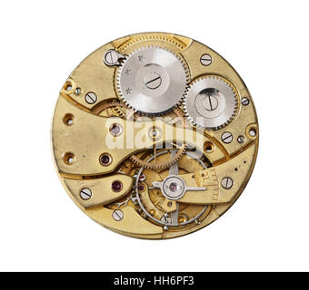 Mécanisme d'horlogerie ancienne et démantelé sur fond blanc Banque D'Images