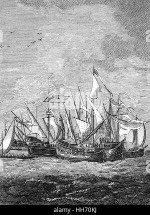 En représailles à l'exécution de Marie, le roi Philippe III promis d'envahir l'Angleterre pour placer un monarque catholique sur son trône. Il a réuni une flotte d'environ 130 navires et l'Armada met les voiles pour le 28 mai 1588. Cependant, la marine anglaise infligé une défaite sur l'Armada dans la bataille de Gravelines près de Calais avant cela pourrait être accompli, et l'Armada forcé de naviguer vers le nord. Il a navigué autour de l'Écosse, où il a subi de graves dommages et des pertes de vie de mauvais temps. Banque D'Images