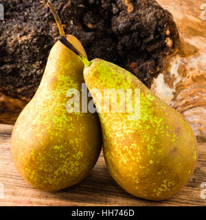 Goût sucré et deux poires mûres (Pyrus communis) sur planche à découper en bois. Les poires sont de la variété Conférence, souvent utilisé comme dessert ou en co Banque D'Images