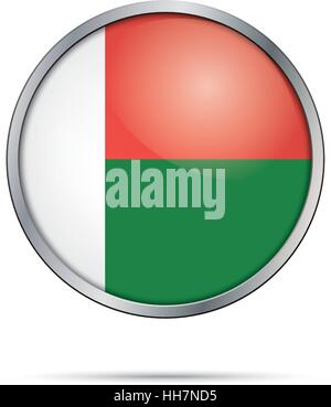 Drapeau malgache vecteur. bouton style de bouton de verre du pavillon de Madagascar avec cadre métallique. Illustration de Vecteur